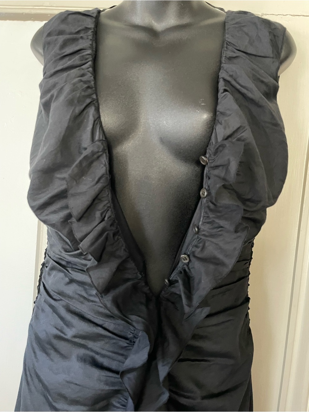 PRADA Black Ruched Ruffle Front V-neck Dress - Picture 8 of 11